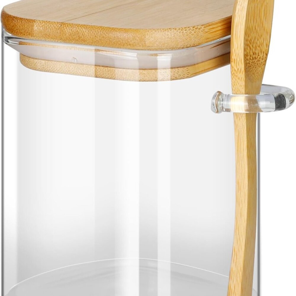 Glass Jars with Bamboo Lids and Spoons, 16 oz Glass Storage Containers with Lids